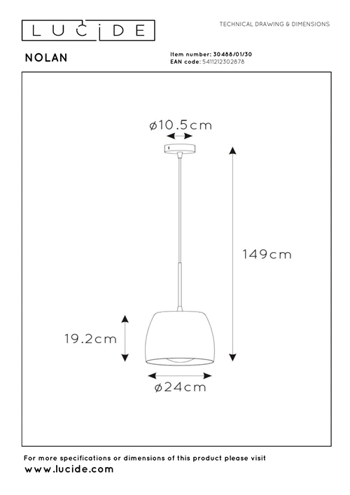 Lucide NOLAN - Hanglamp - Ø 24 cm - 1xE27 - Zwart - technisch